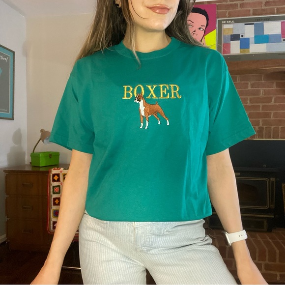Vintage 90s Boxer Dog Mastiff German Tee Teal Embroidered Animal Pet Own… - Picture 2 of 11